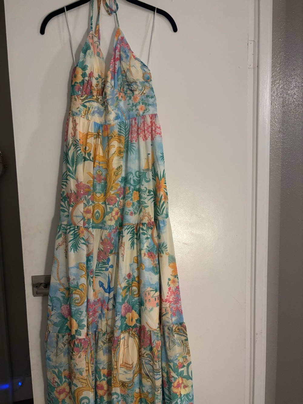 Flying Tomate Floral Halter Maxi Dress in Pastel Blue & Yellow
